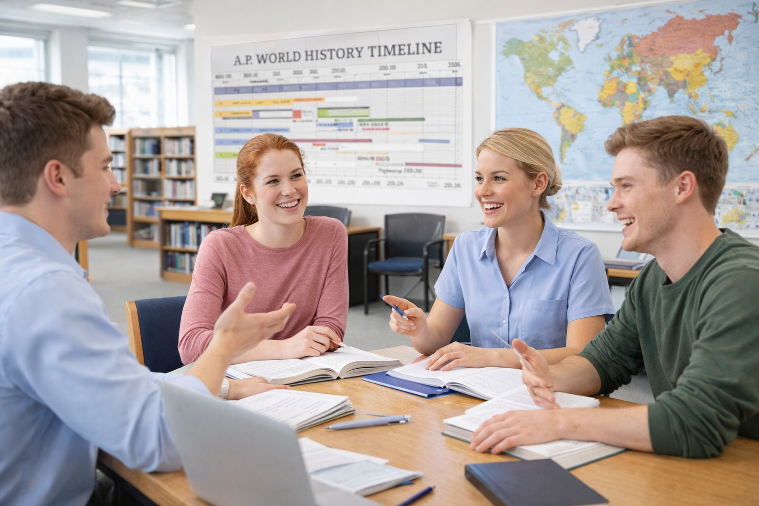 Students with fair skin participating in a lively AP World History study group discussion in a library
